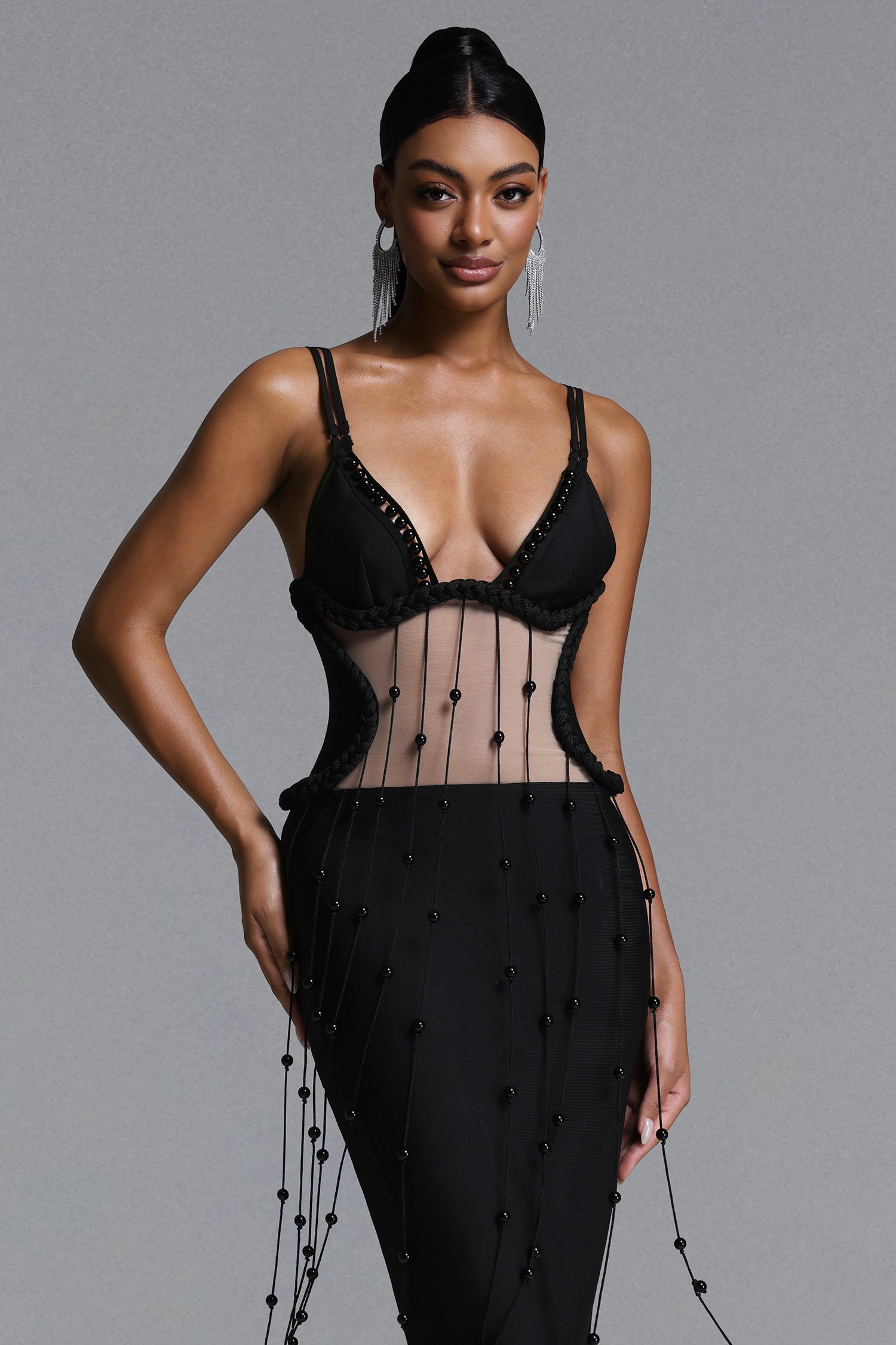 Tove Sexy Contour Cut Out Bead Chian Braided Bandage Midi Dress