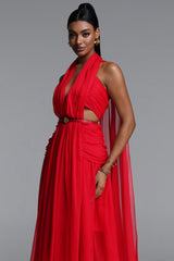 Mio Sexy Flowy V Neck Cape Pleated Cut Out Maxi Dress