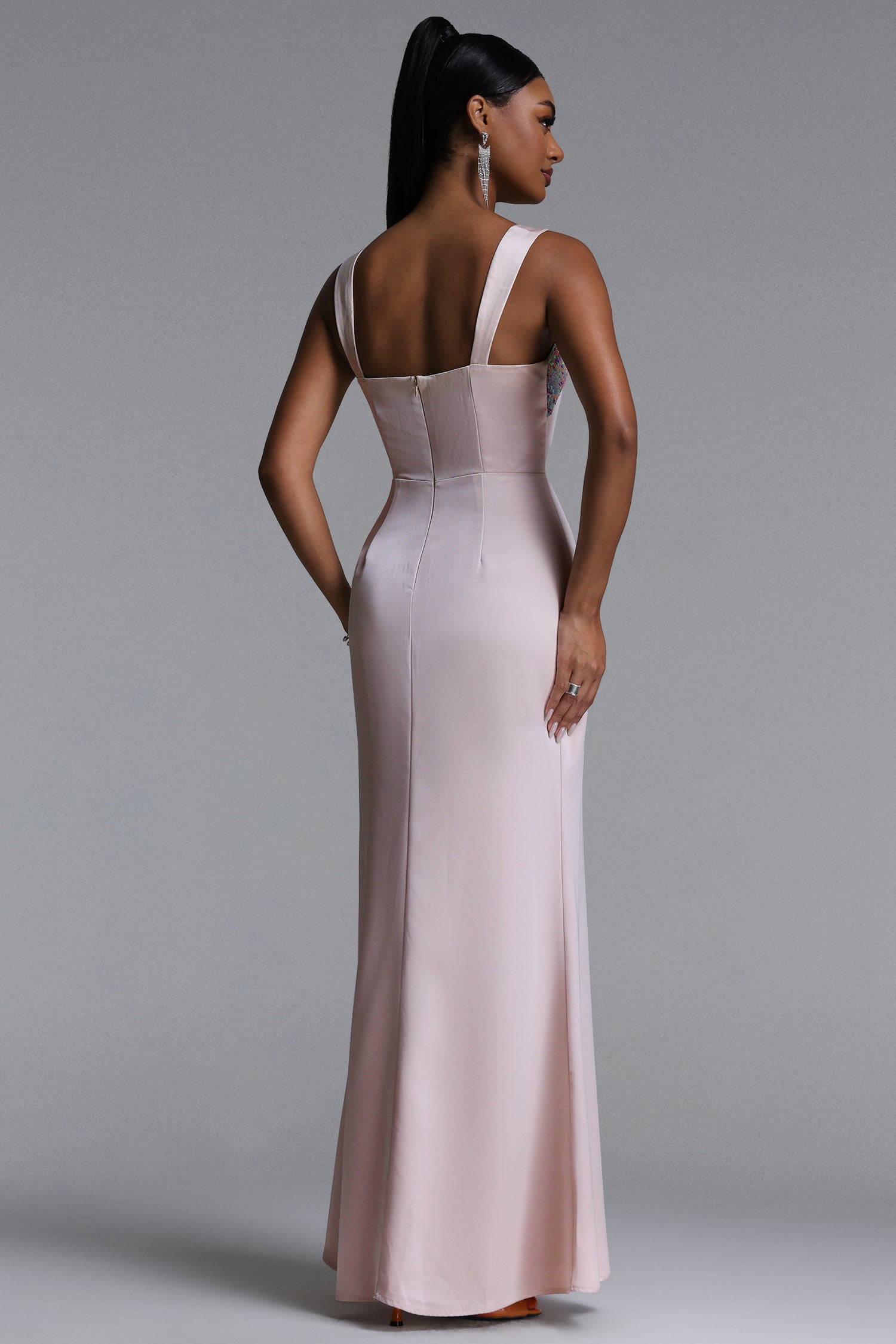 Mattey Classic Tailored Square Neck High Slit Woven Maxi Dress