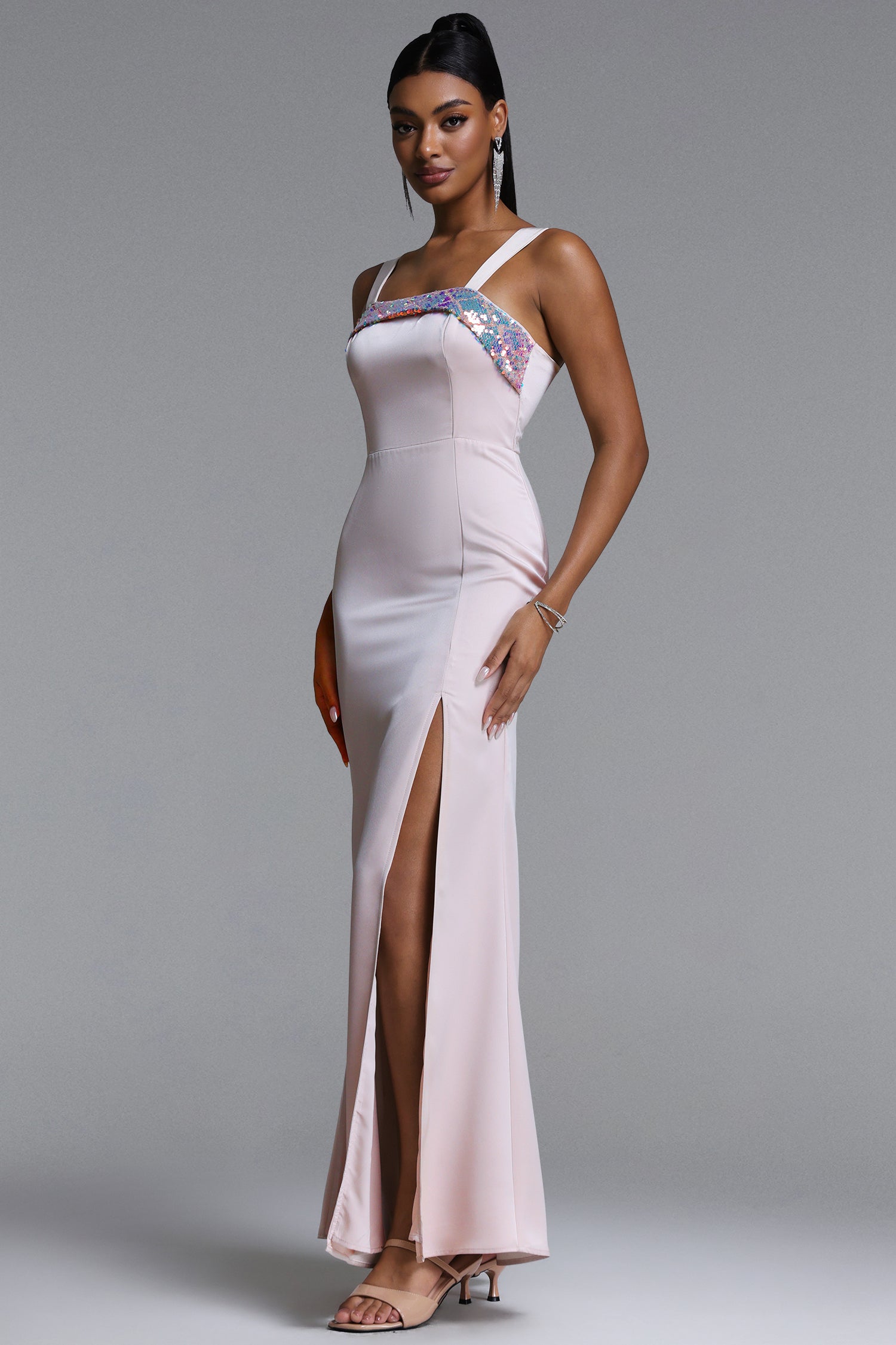 Mattey Classic Tailored Square Neck High Slit Woven Maxi Dress