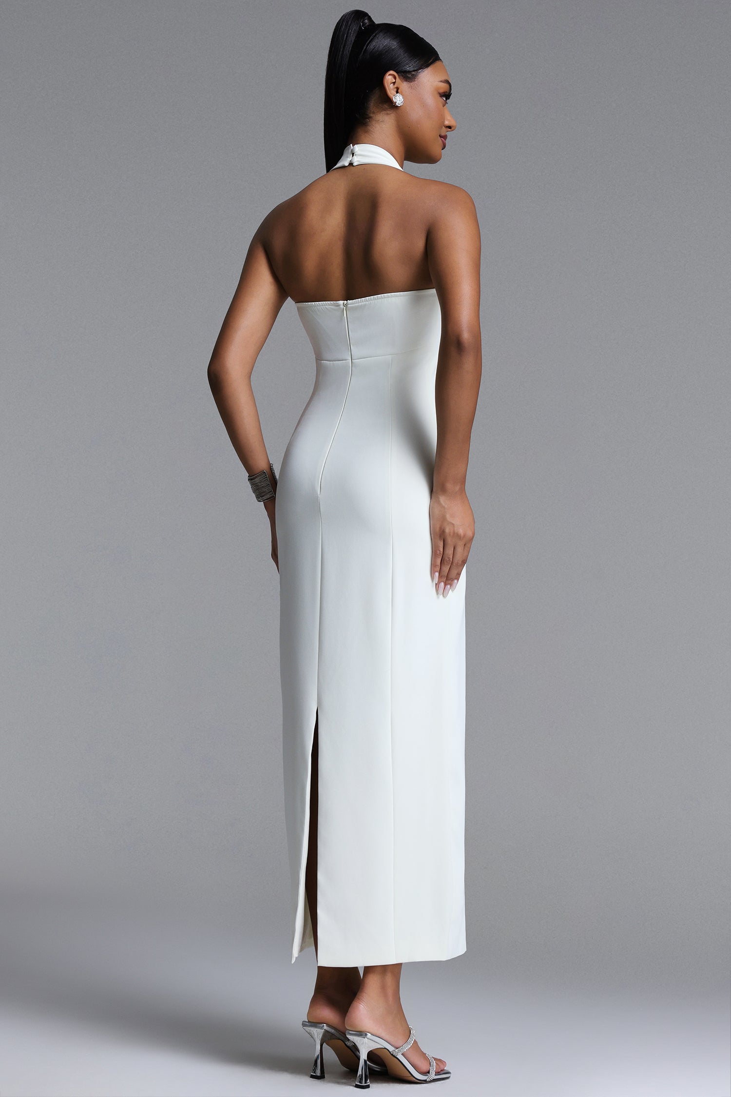 Fredrika Elegant Tailored Halter Buttoned Woven Maxi Dress