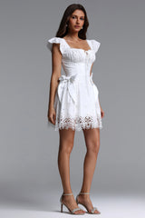 Henrietta Resort Flowy Short Sleeve Bow Ruched Woven Mini Dress