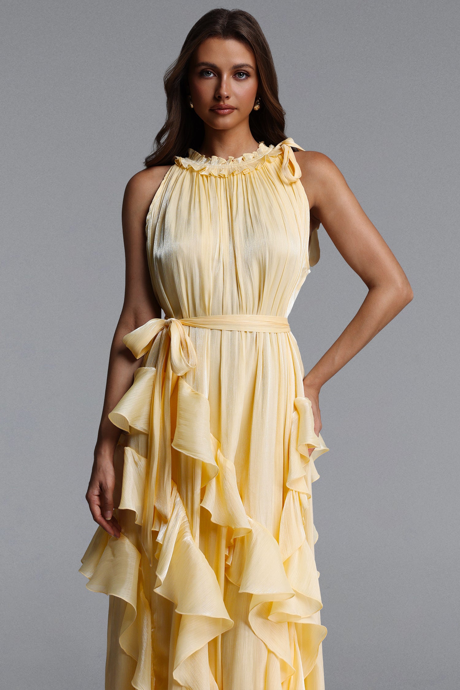 Dazie Resort Flowy Sleeveless Ruffle Organza Maxi Dress