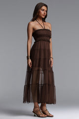 Nadine Resort Flowy Sleeveless Ruffle Ruched Mesh Maxi Dress