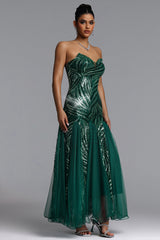 Sally Glamorous Contour Strapless Sequin Green Maxi Dress