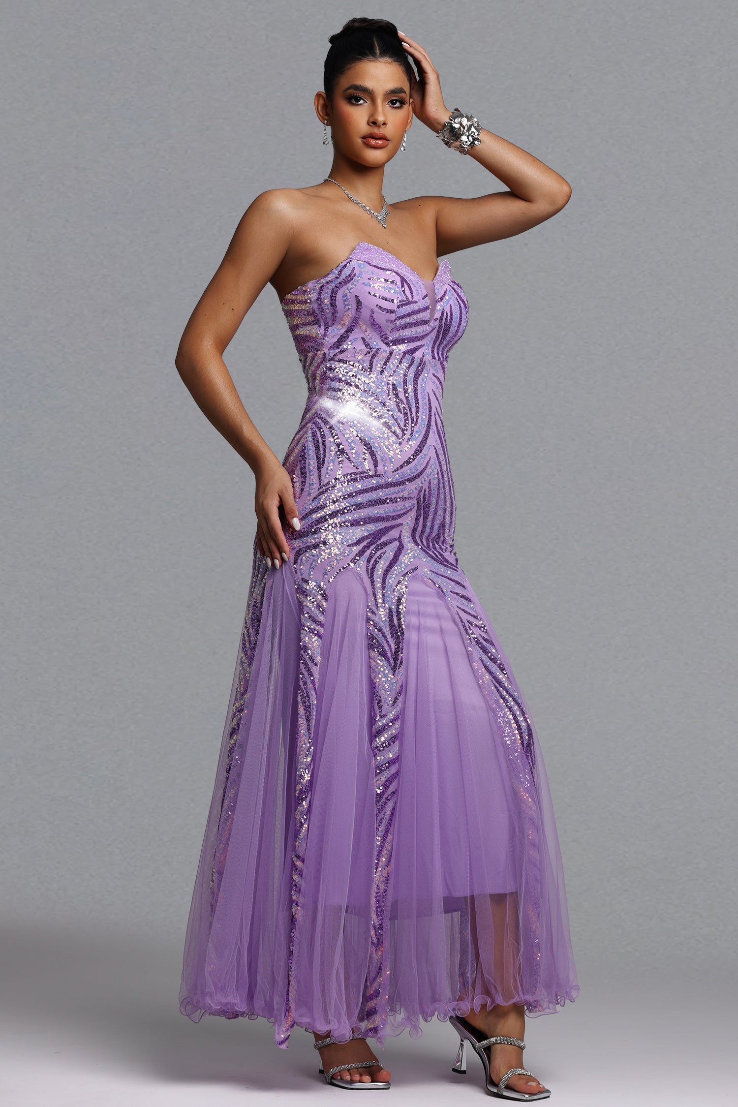 Sally Glamorous Contour Strapless Sequin Purple Maxi Dress