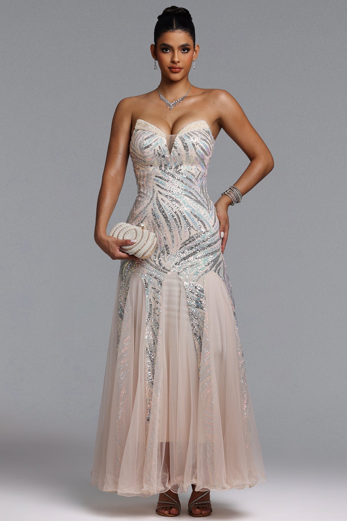 Sally Glamorous Contour Strapless Sequin Beige Maxi Dress