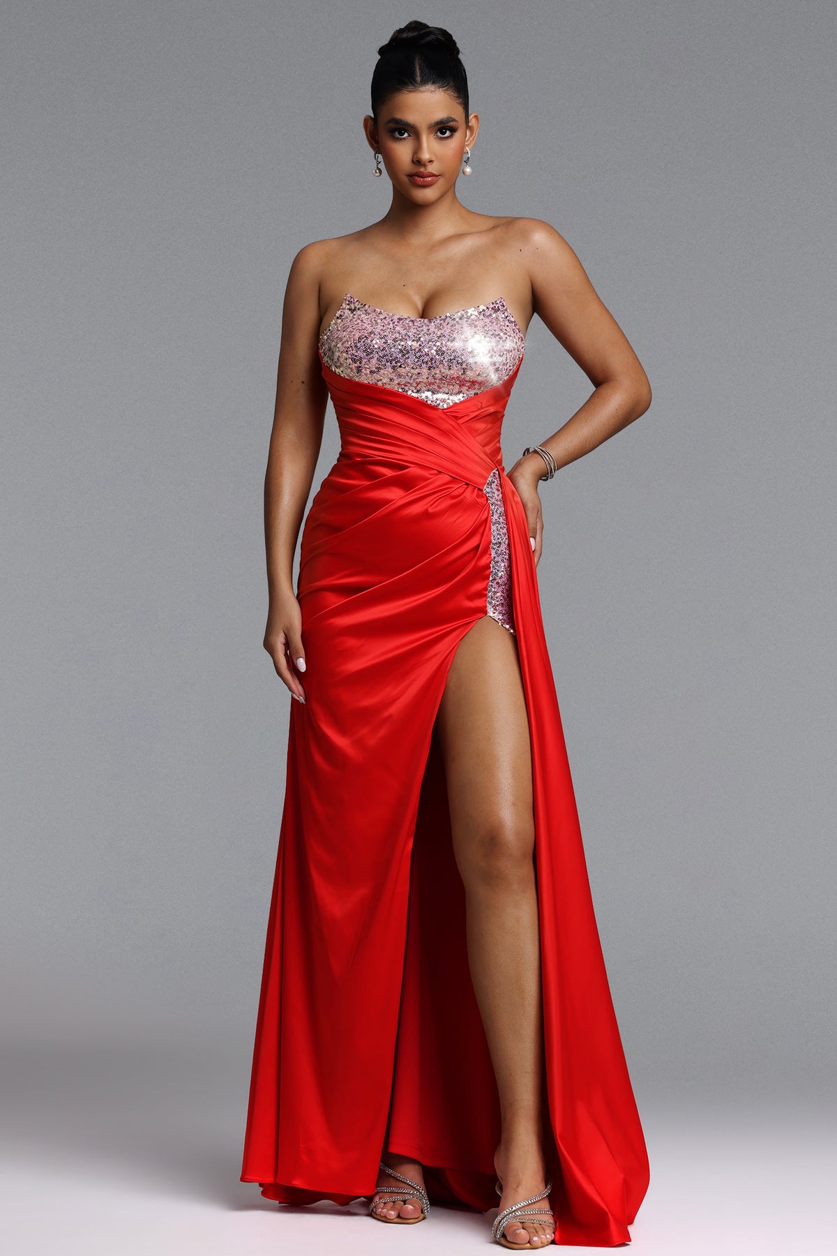 Lase Glamorous Contour Strapless Pleated Satin Maxi Dress