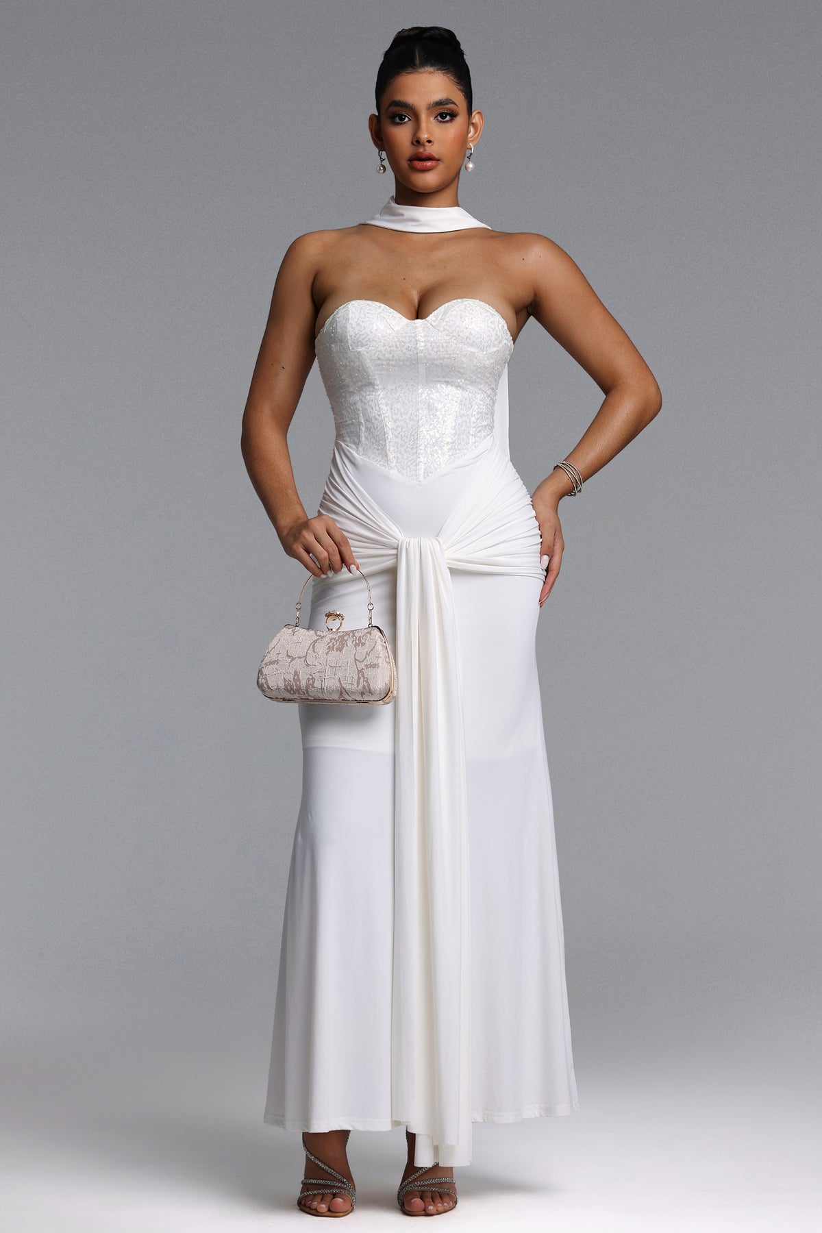 Sharlot Elegant Contour Strapless sequin Draped Knit White Maxi Dress