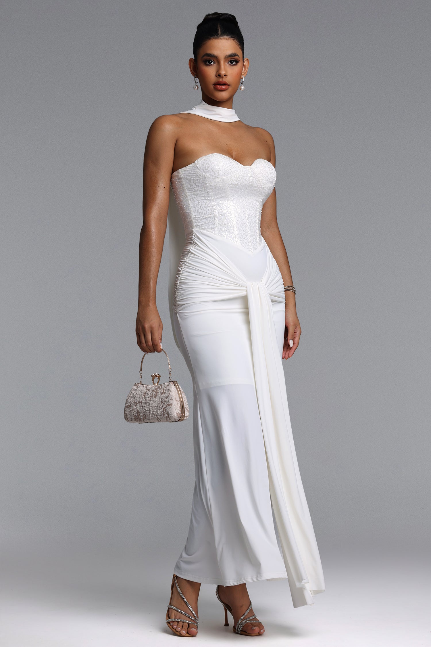Sharlot Elegant Contour Strapless sequin Draped Knit White Maxi Dress