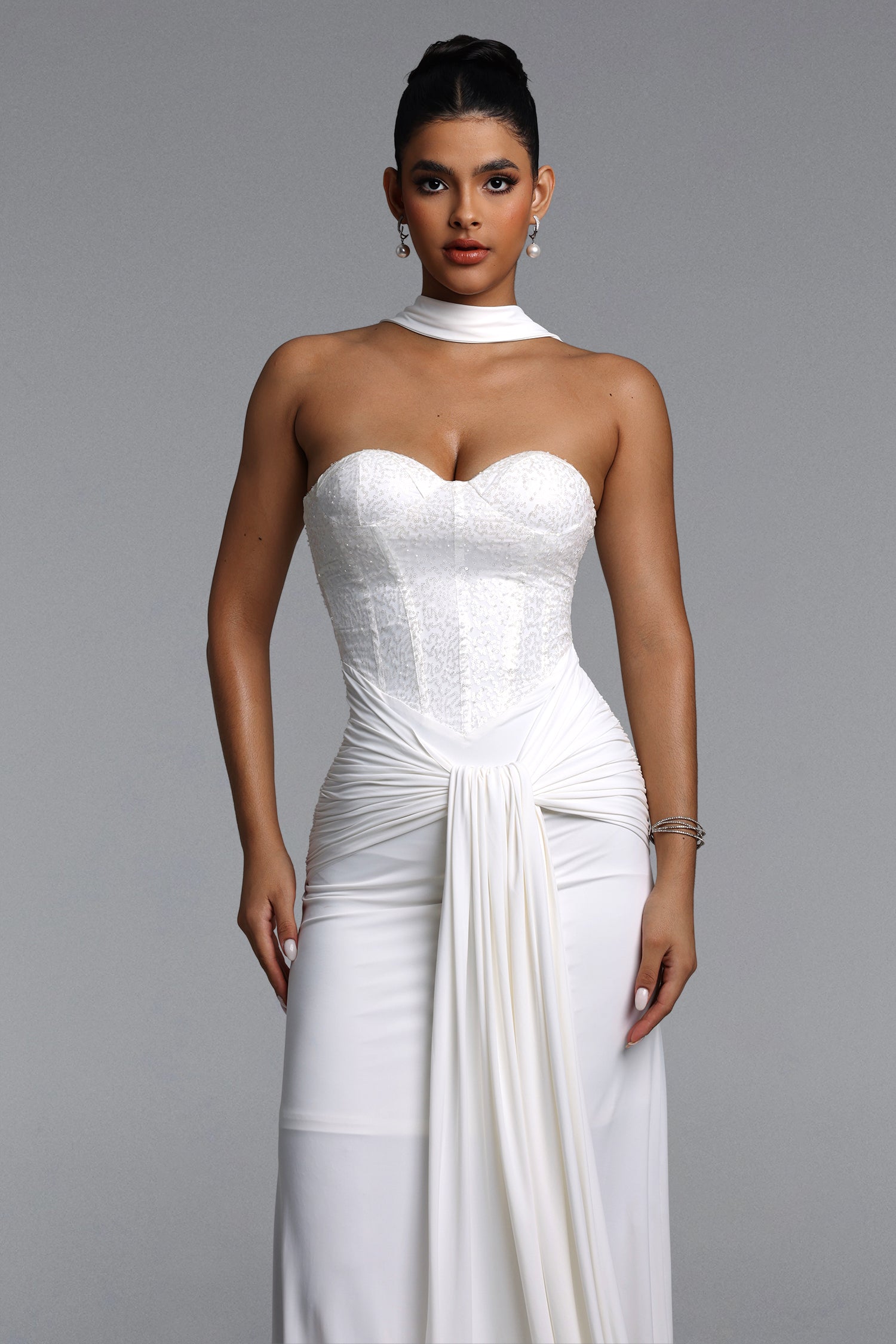 Sharlot Elegant Contour Strapless sequin Draped Knit White Maxi Dress