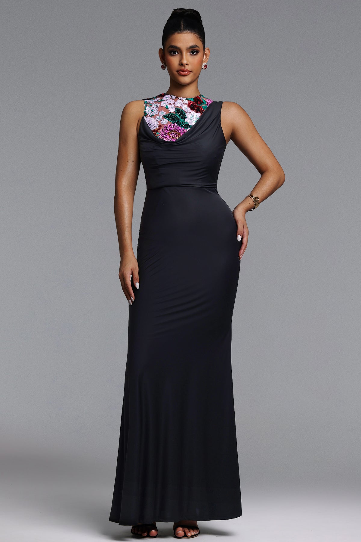 Racer Chic Contour Sleeveless Embellished Floral Sequin Maxi Dress