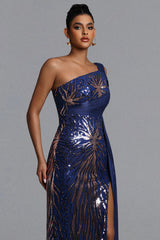 Samira Elegant Flowy One Shoulder Pleated Sequin Maxi Dress