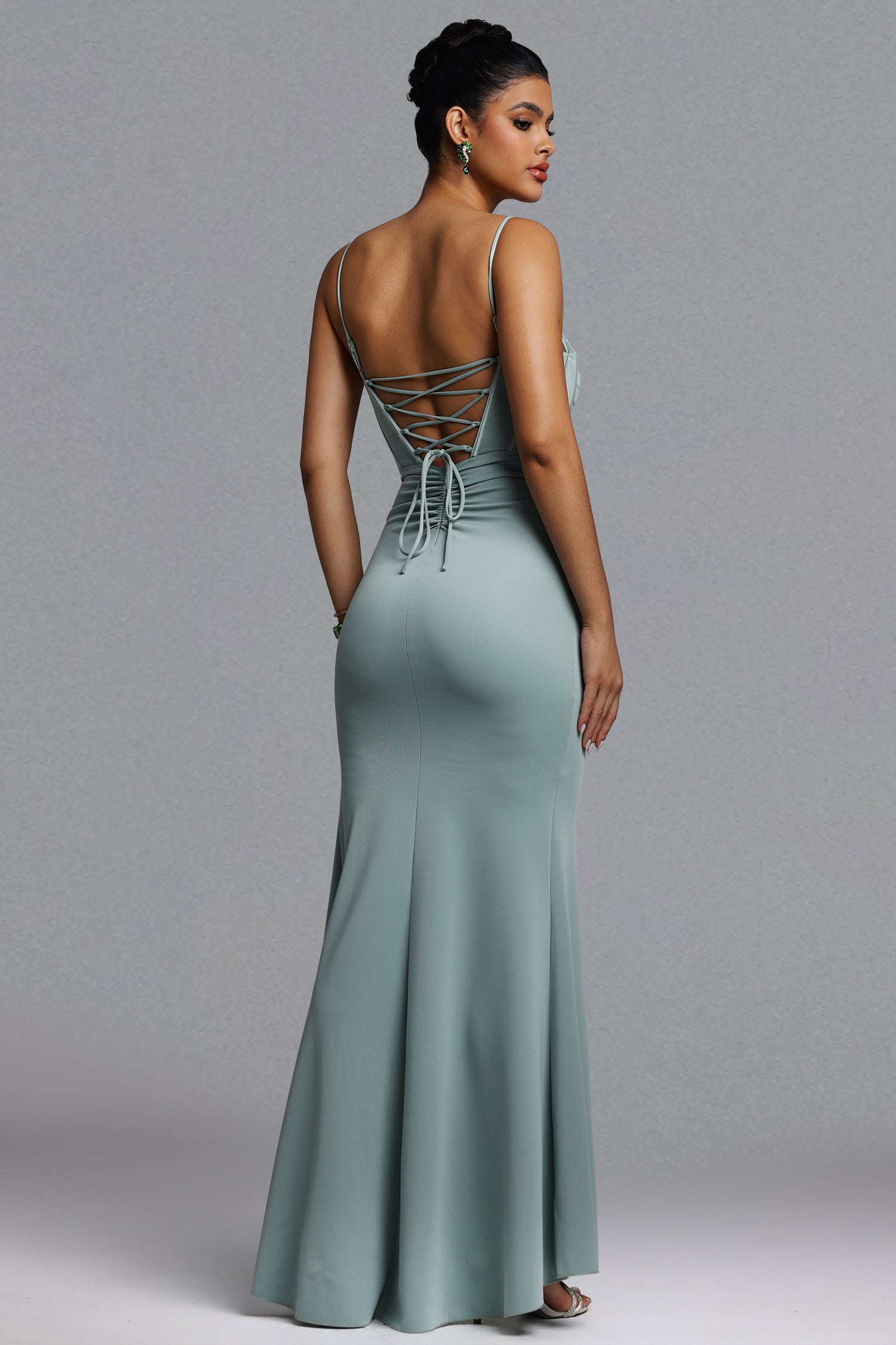 Tutti Romantic Contour Cut Out Pleated Satin Green Maxi Dress
