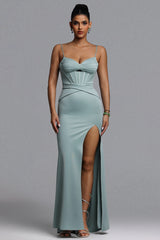 Tutti Romantic Contour Cut Out Pleated Satin Green Maxi Dress