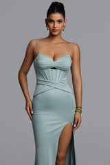 Tutti Romantic Contour Cut Out Pleated Satin Green Maxi Dress