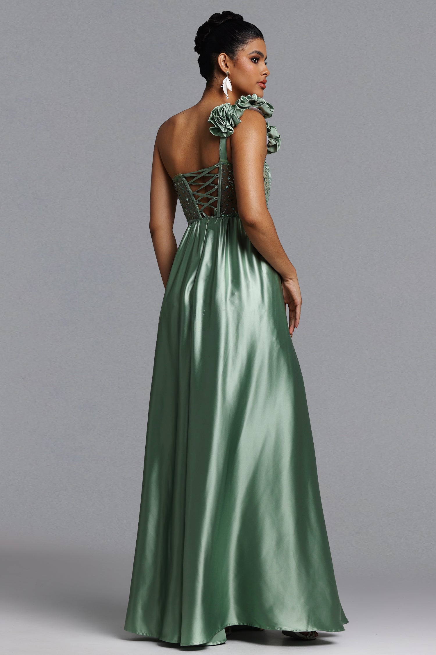 Zeren Elegant Tailored One Shoulder Sequin Maxi Dress
