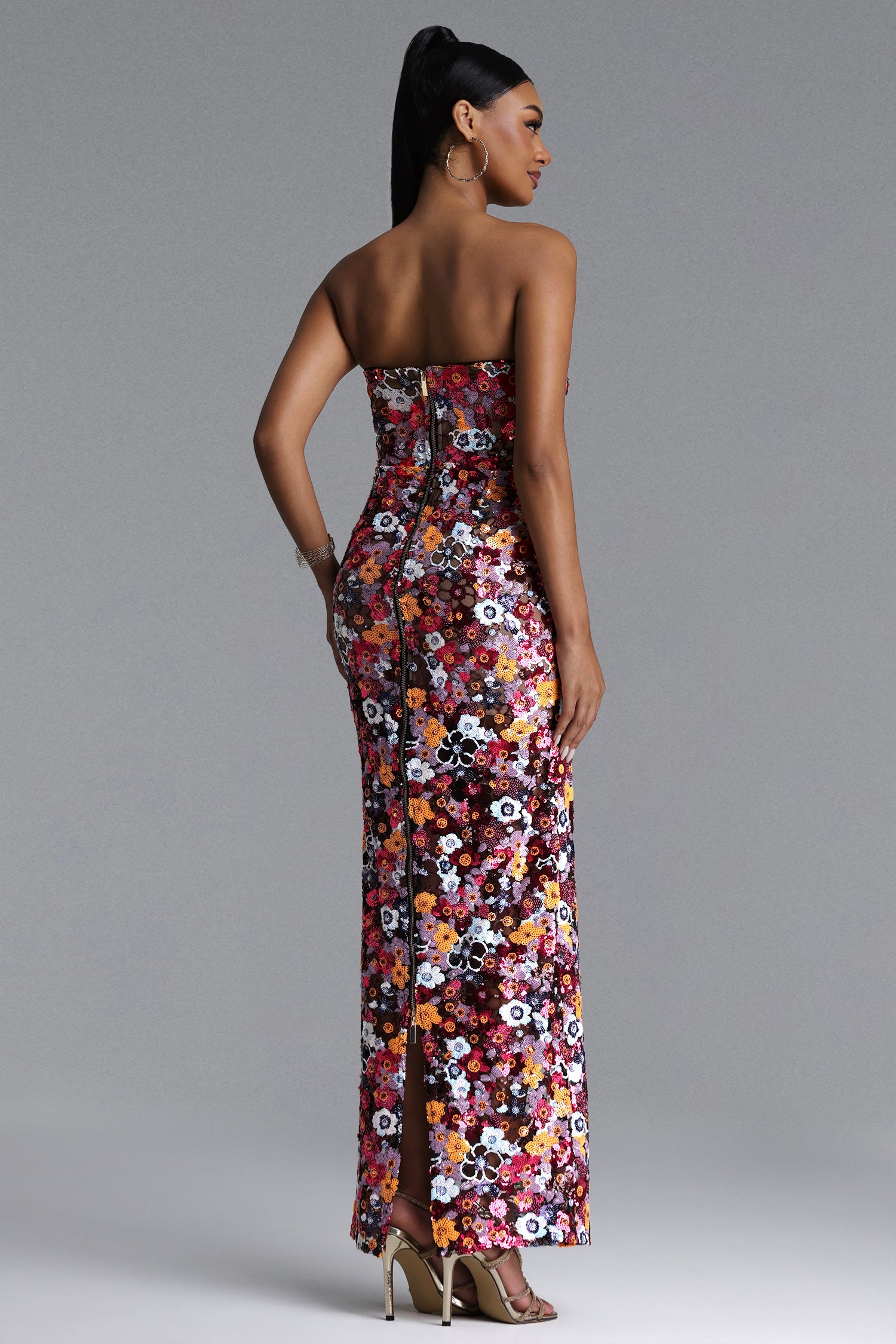 Livia Chic Contour Strapless Sequin Floral Maxi Dress