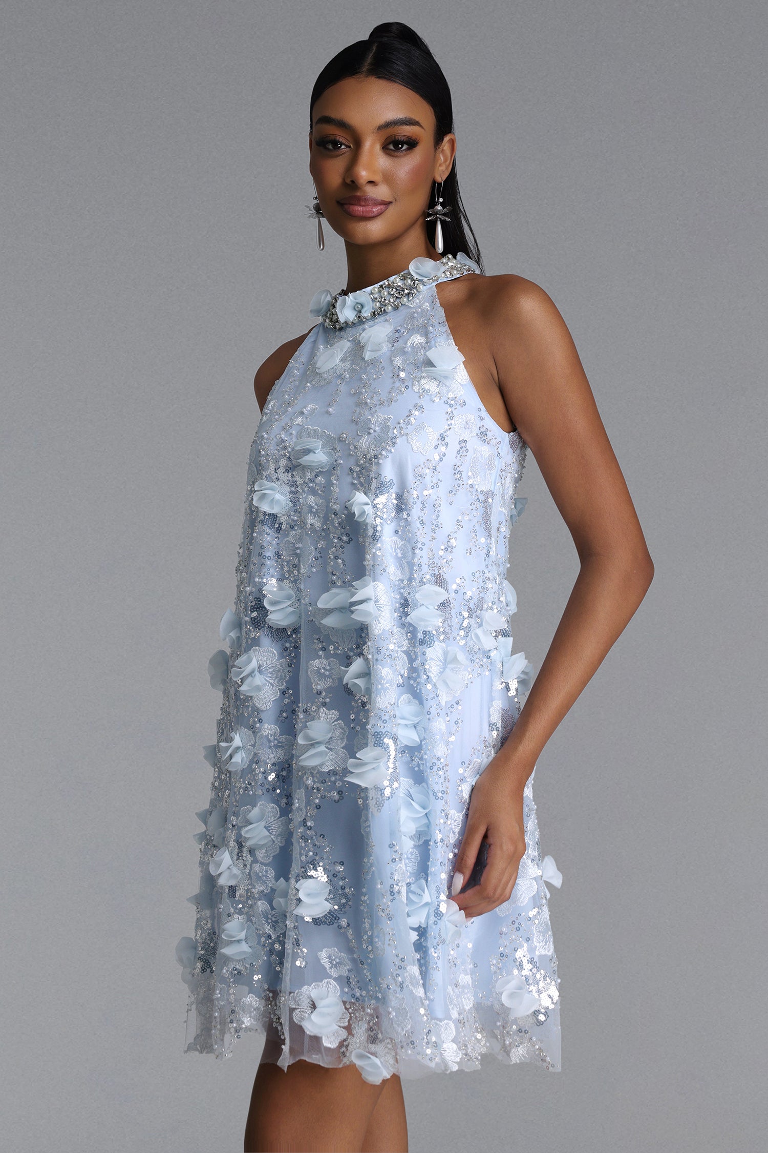 Juniper Elegant Tailored Halter Floral Sequin Midi Dress