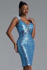Minon Chic Contour Deep V Feather Sequin Midi Dress