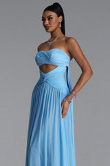 Prunella Elegant Contour Strapless Cut Out Ruched Mesh Maxi Dress