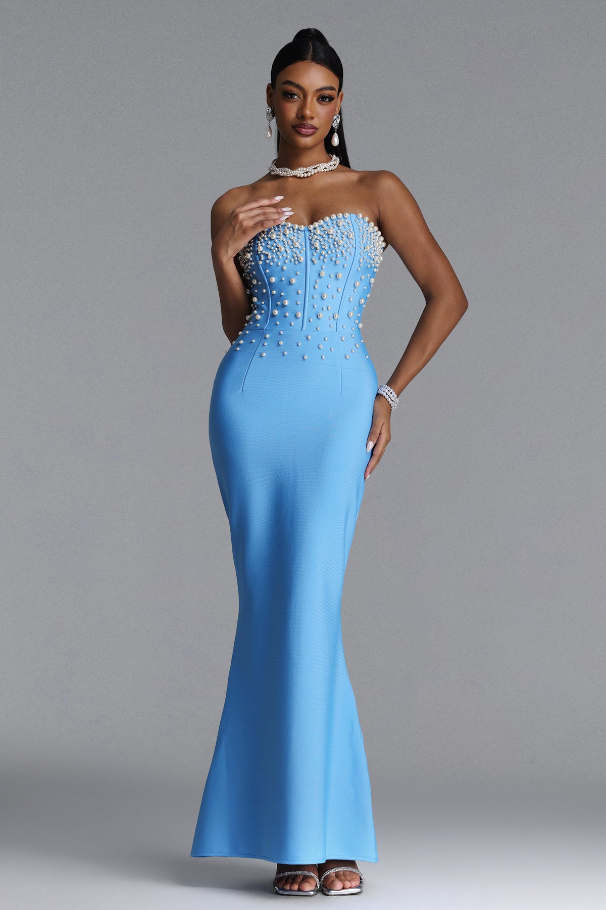 Rebel Elegant Contour Strapless Pearl Bandage Maxi Dress