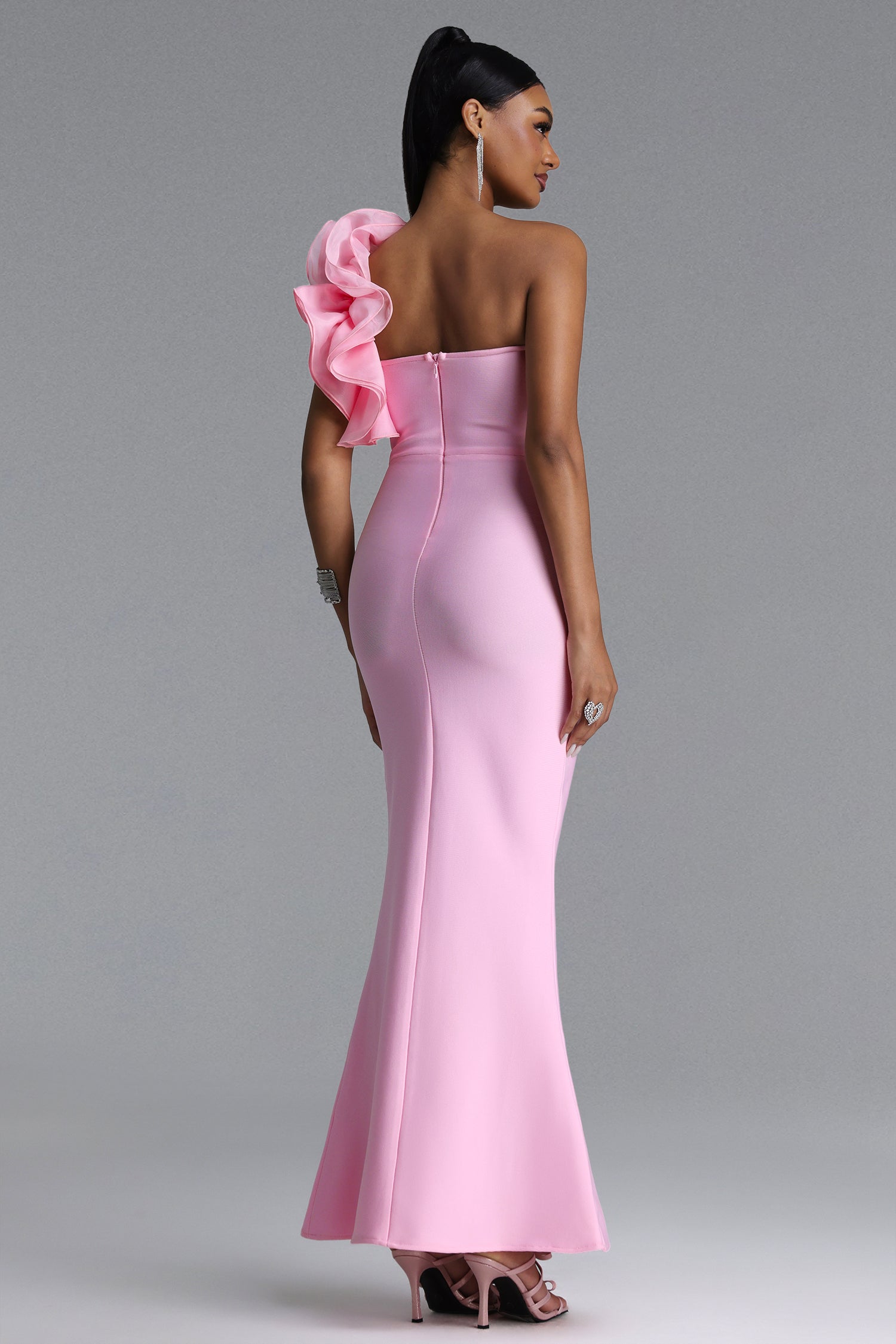 Saslim Romantic Contour One Shoulder Crystal Bandage Maxi Dress