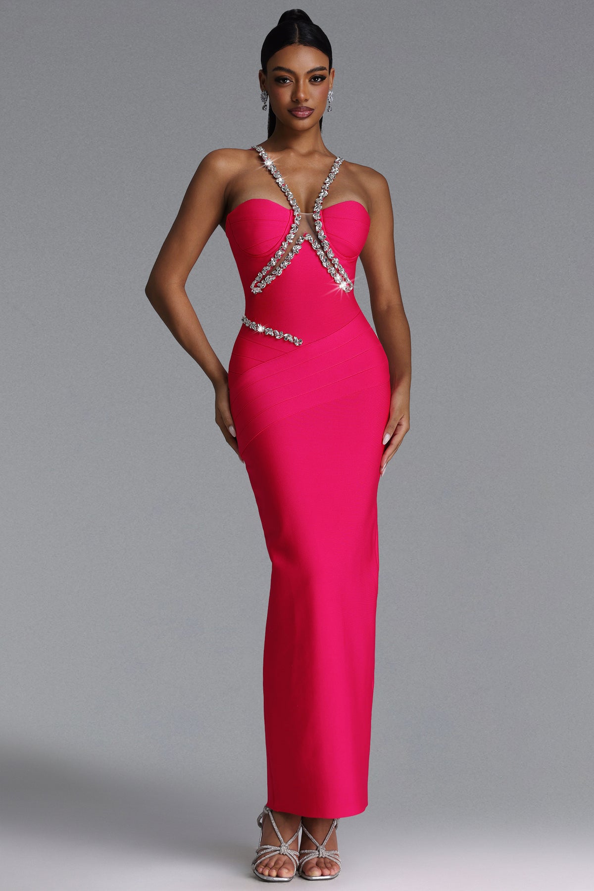 Mota Romantic Contour Halter V Neck Rhinestone Bandage Maxi Dress