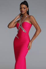 Mota Romantic Contour Halter V Neck Rhinestone Bandage Maxi Dress