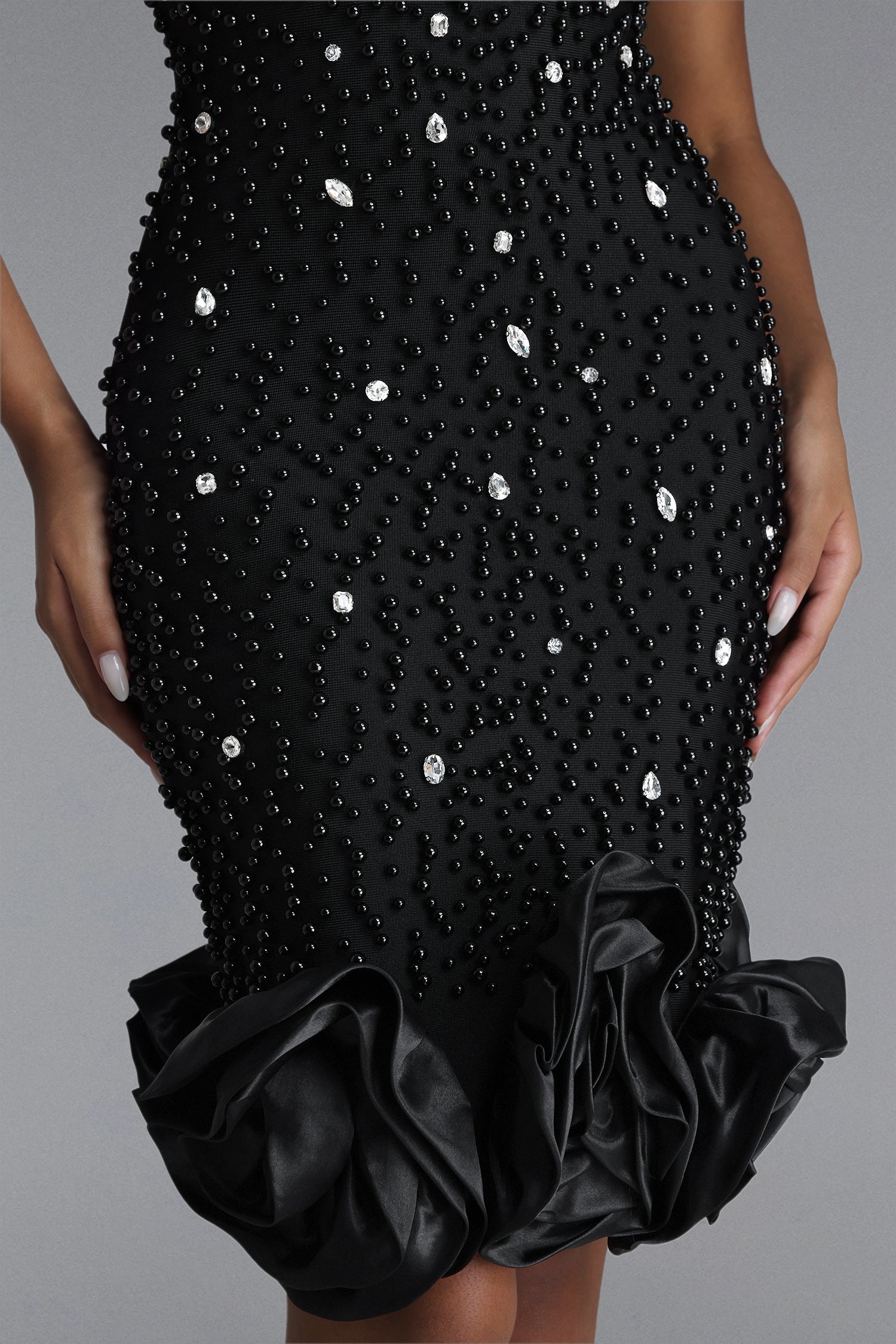 Dolo Chic Contour Halter Deep V Beaded Rhinestone Floral Bandage Midi Dress