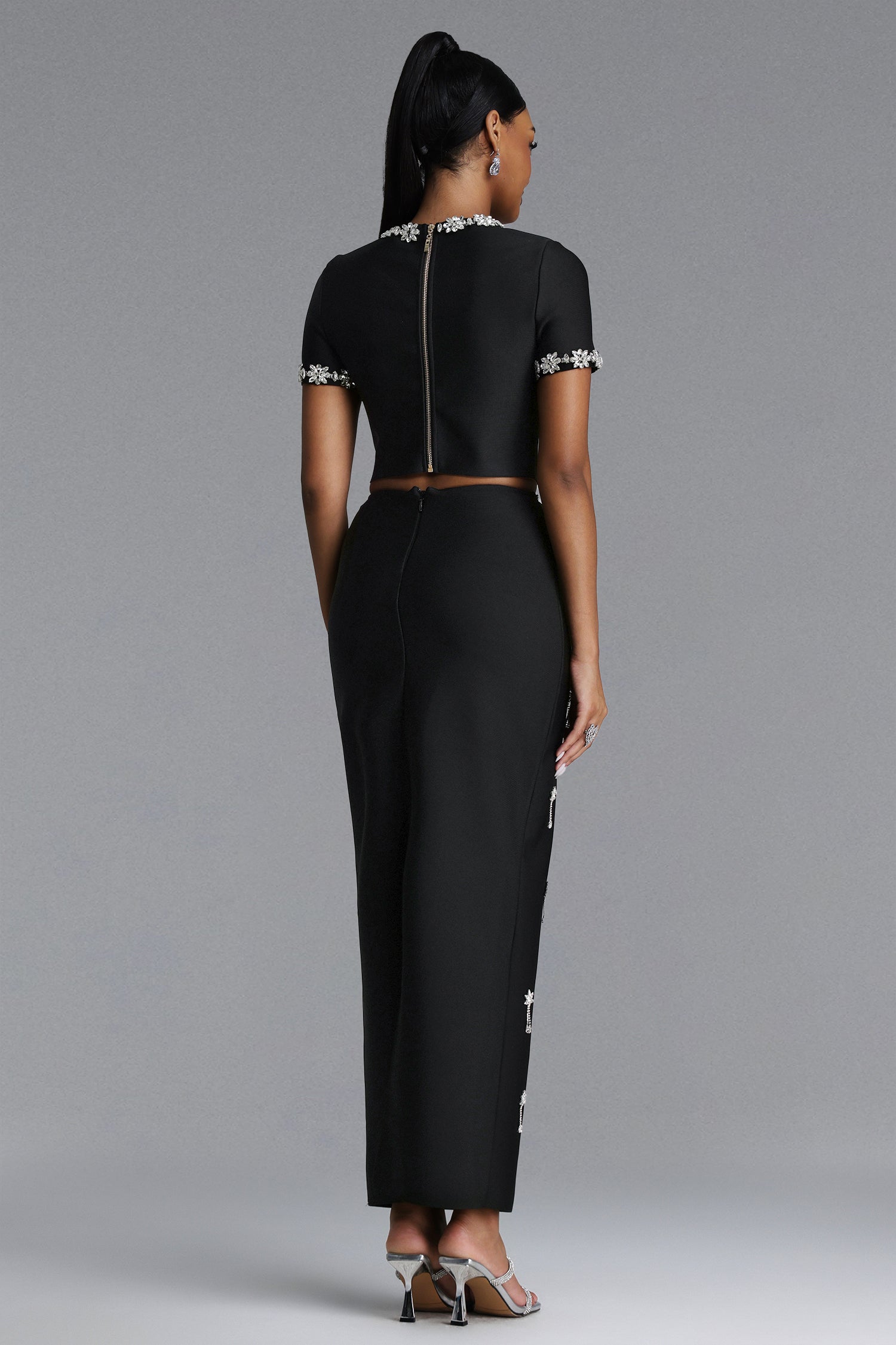 Lula Classic Contour Short Sleeve Rhinestone Bandage Maxi Dress