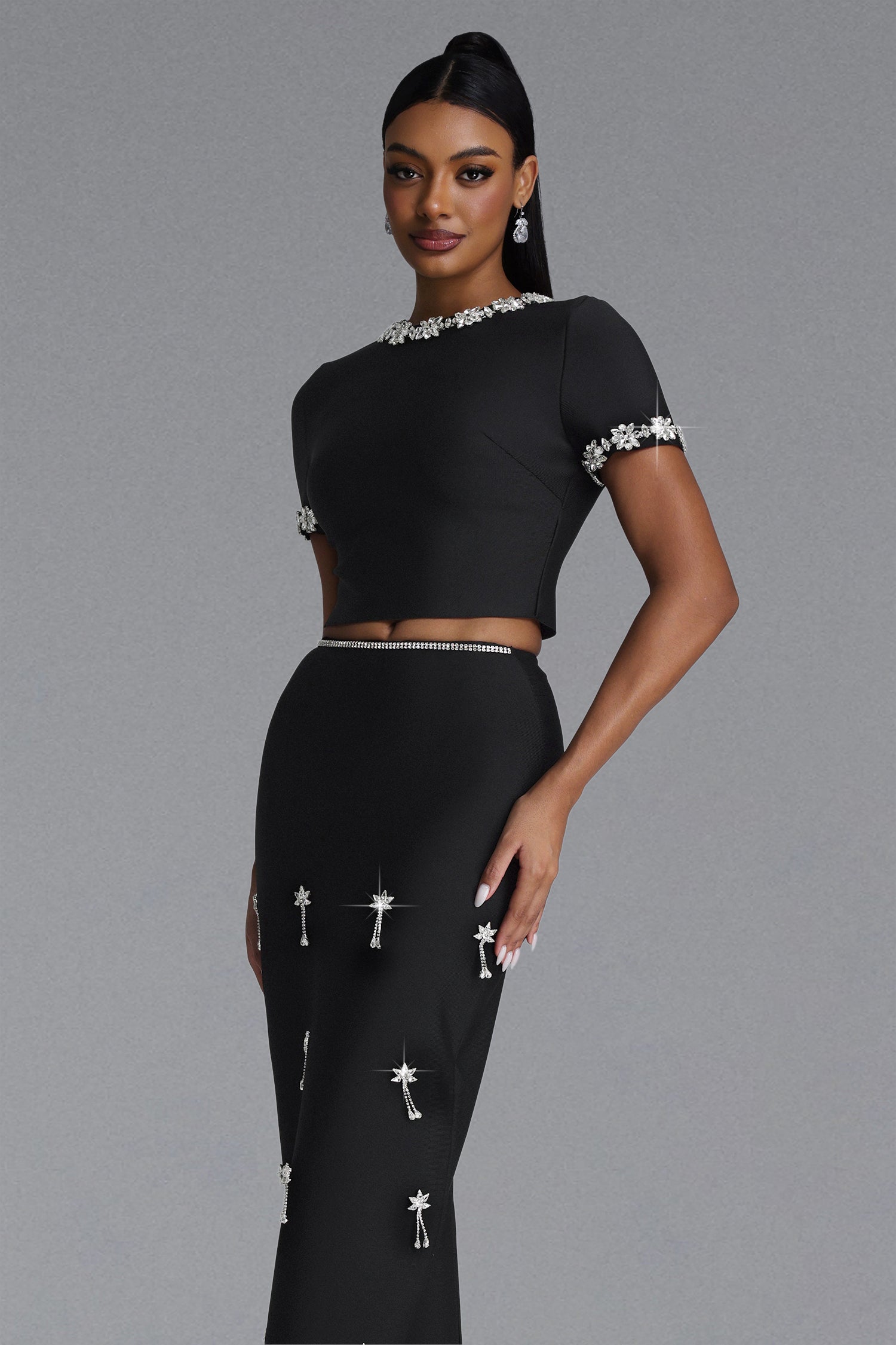 Lula Classic Contour Short Sleeve Rhinestone Bandage Maxi Dress