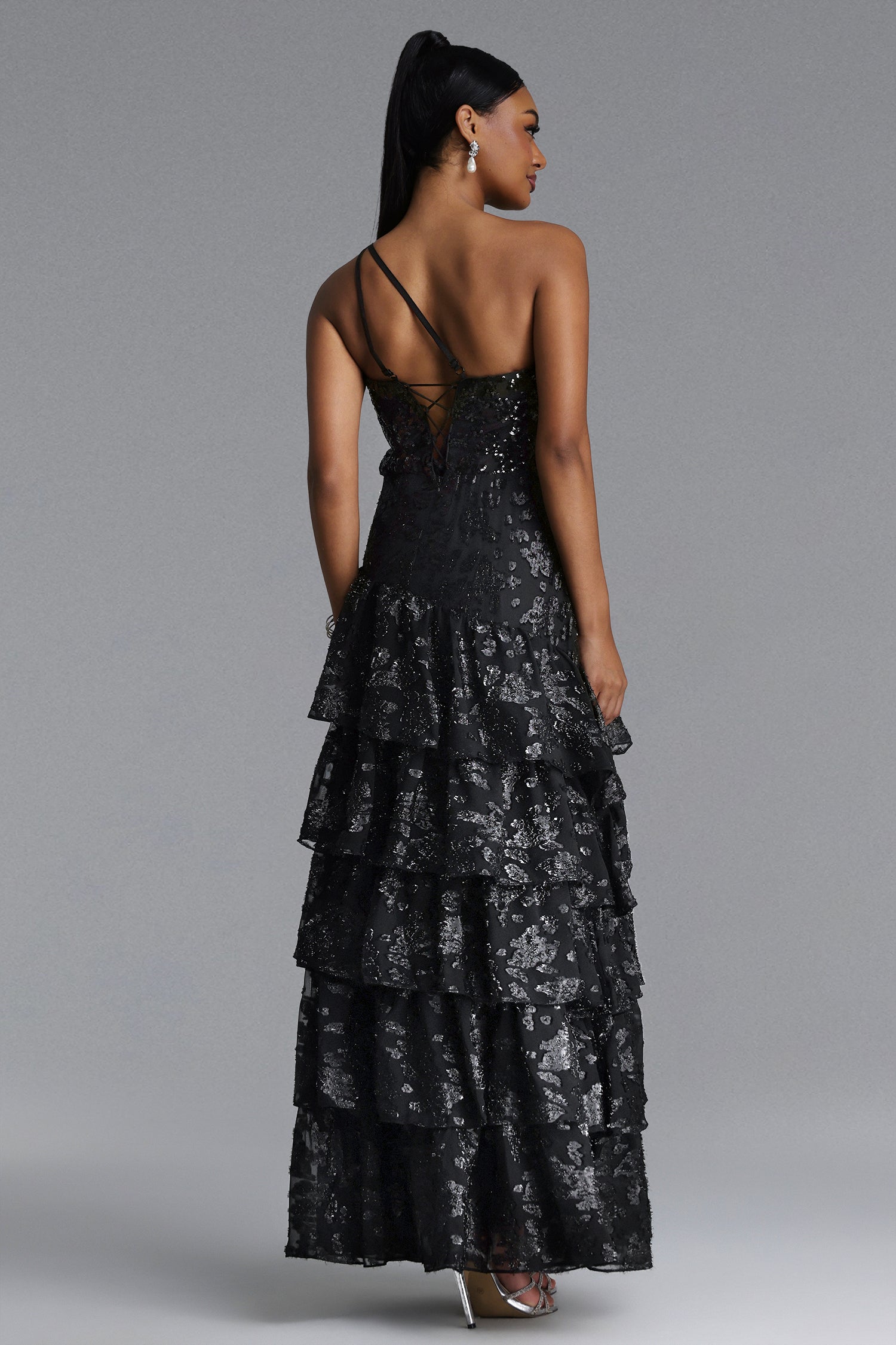 Shaney Elegant Contour One Shoulder Tiered Ruffle Lace Maxi Dress