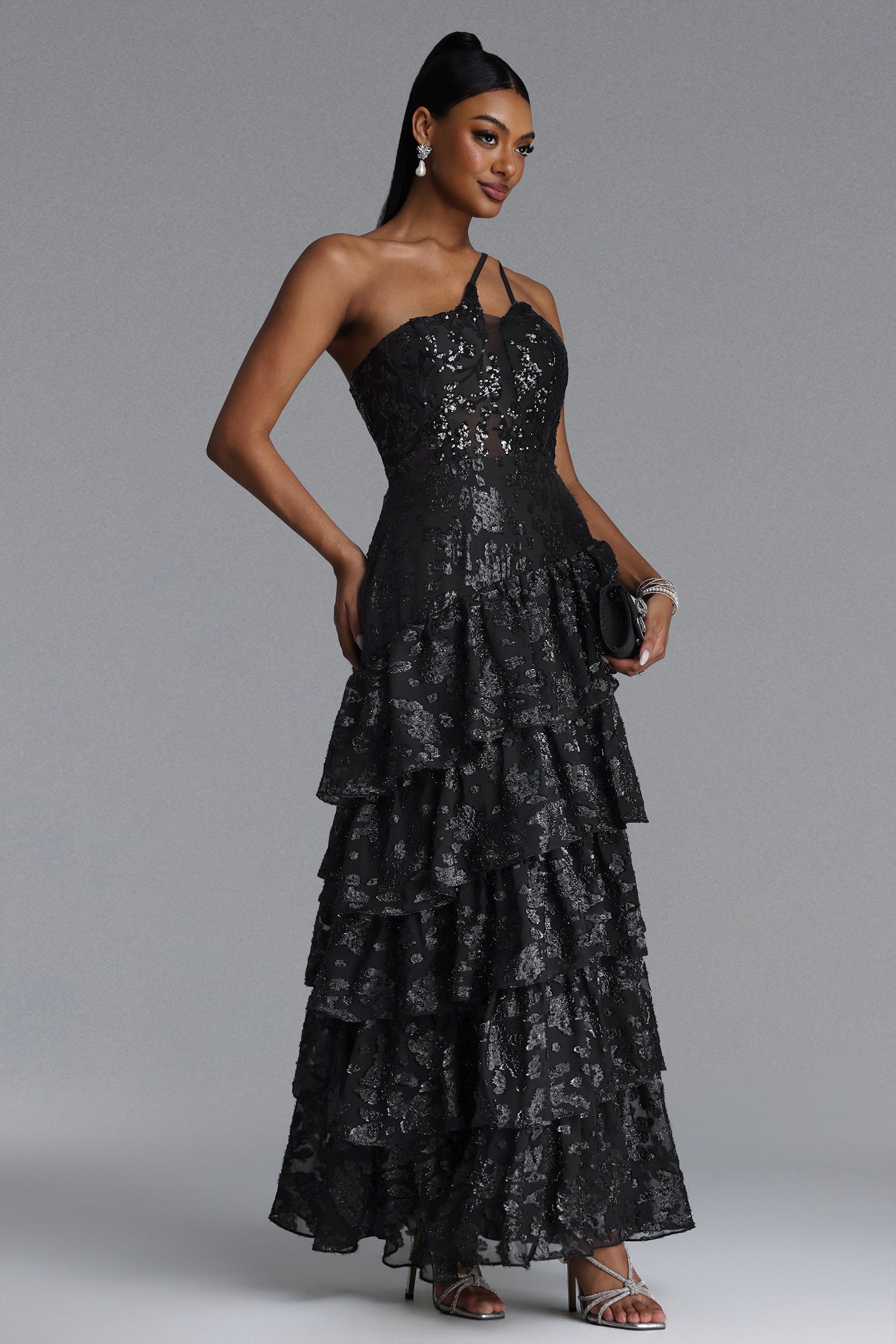 Shaney Elegant Contour One Shoulder Tiered Ruffle Lace Maxi Dress
