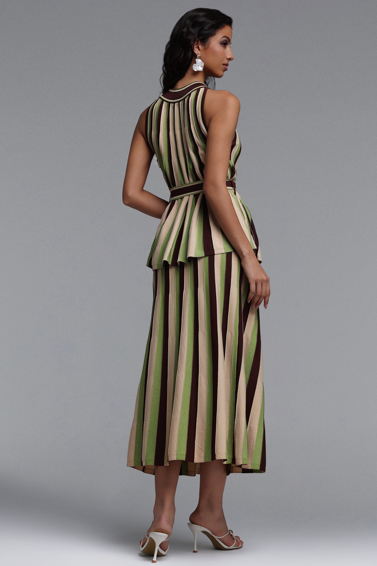 Kerade Resort Flowy Sleeveless Stripe Knit Top and Skirt Two Piece Set