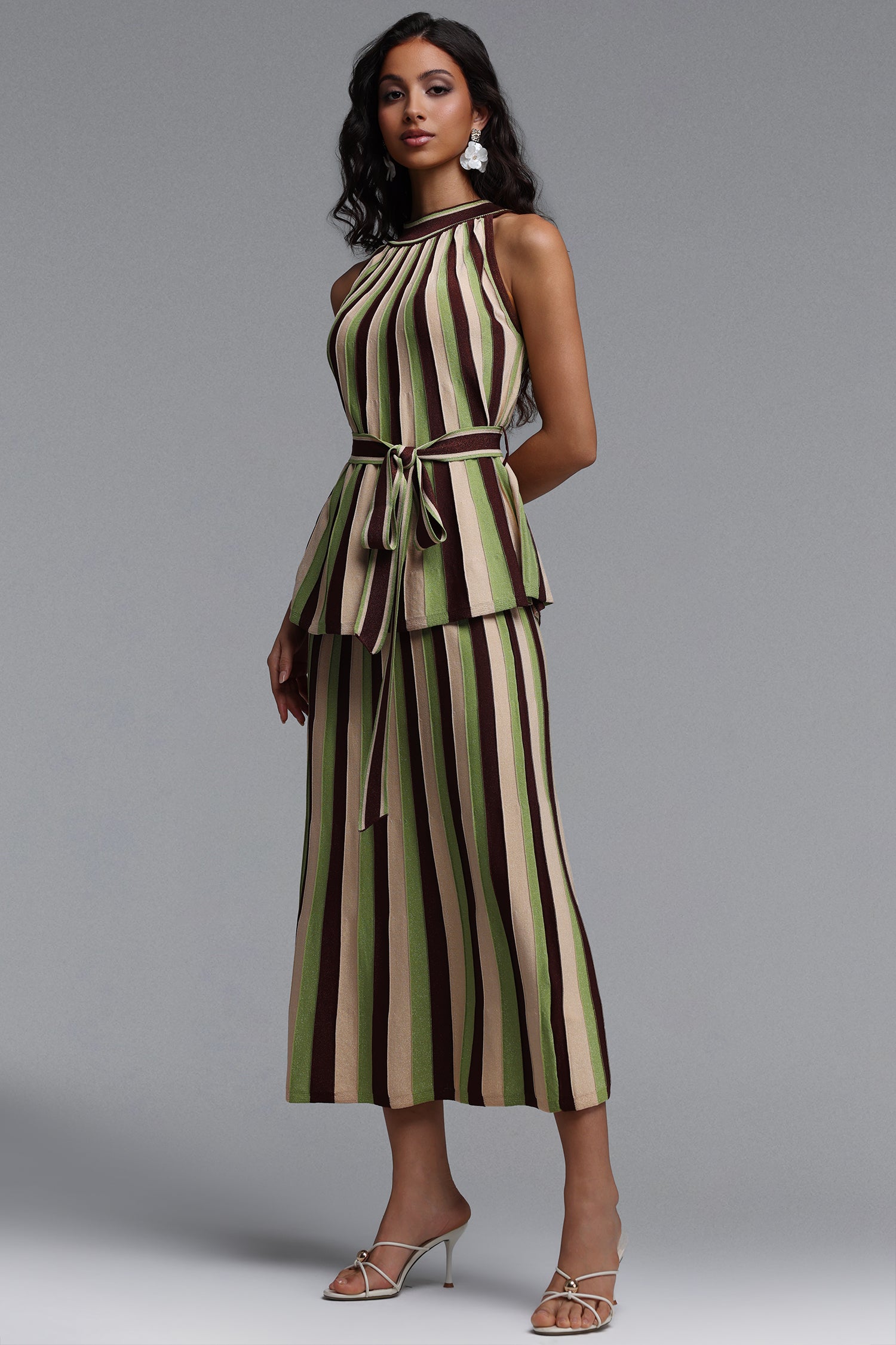 Kerade Resort Flowy Sleeveless Stripe Knit Top and Skirt Two Piece Set