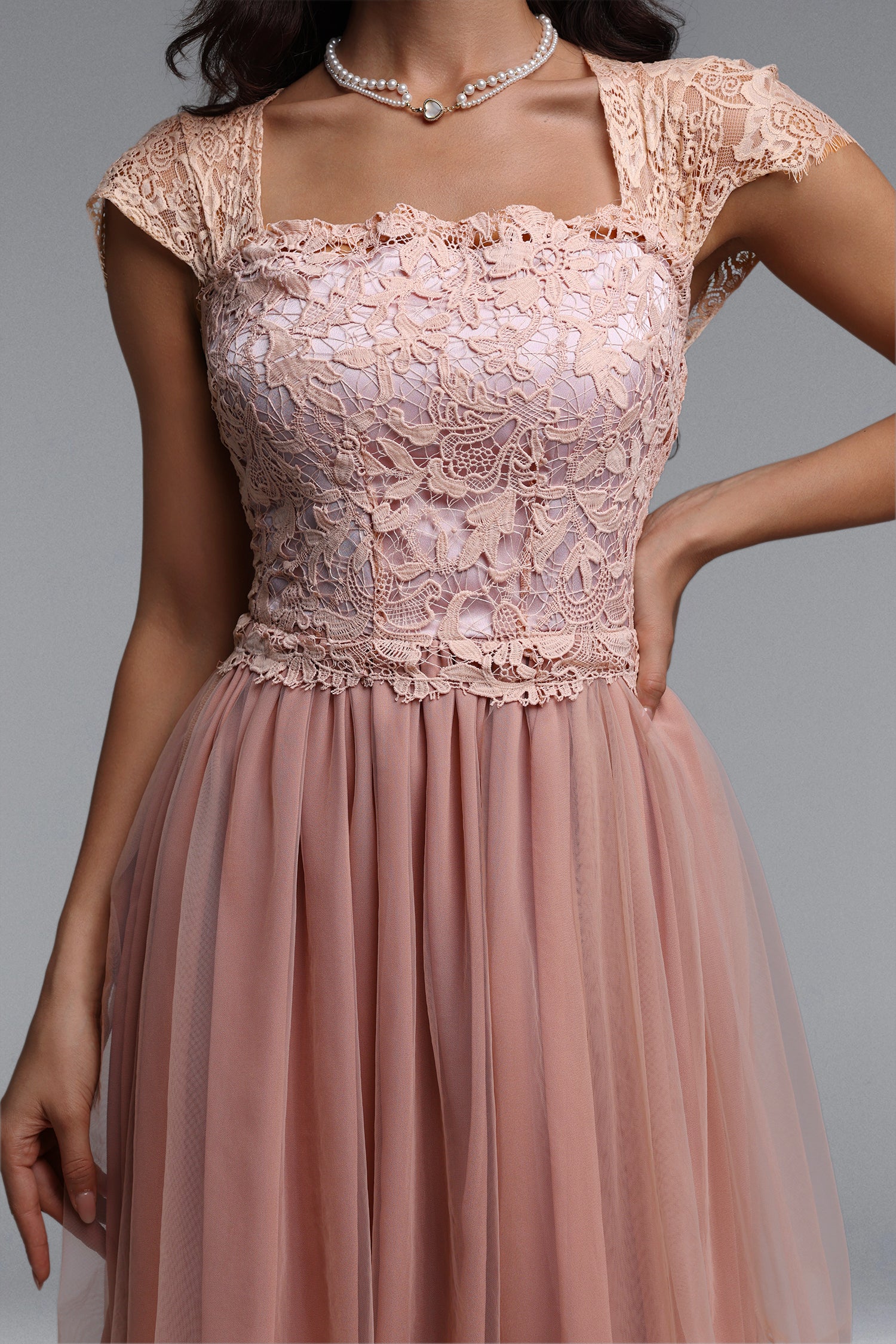 Guga Resort Cinched Short Sleeve Lace Tulle Mini Dress