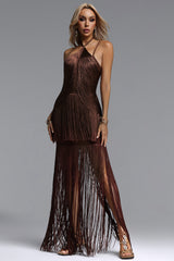 Kivi Bandage Halter Tassel Brown Maxi Dress