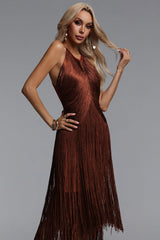 Taye Classic Contour Halter Fringe Bandage Red Maxi Dress