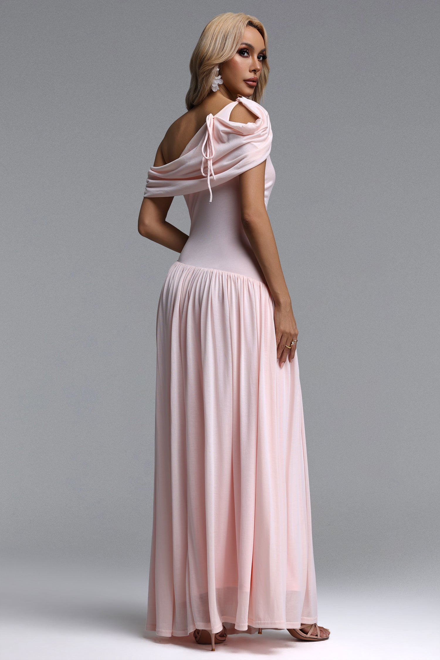 Salina Elegant Contour Sleeveless Asymmetric Cut Out Ruched Pink Knit Maxi Dress