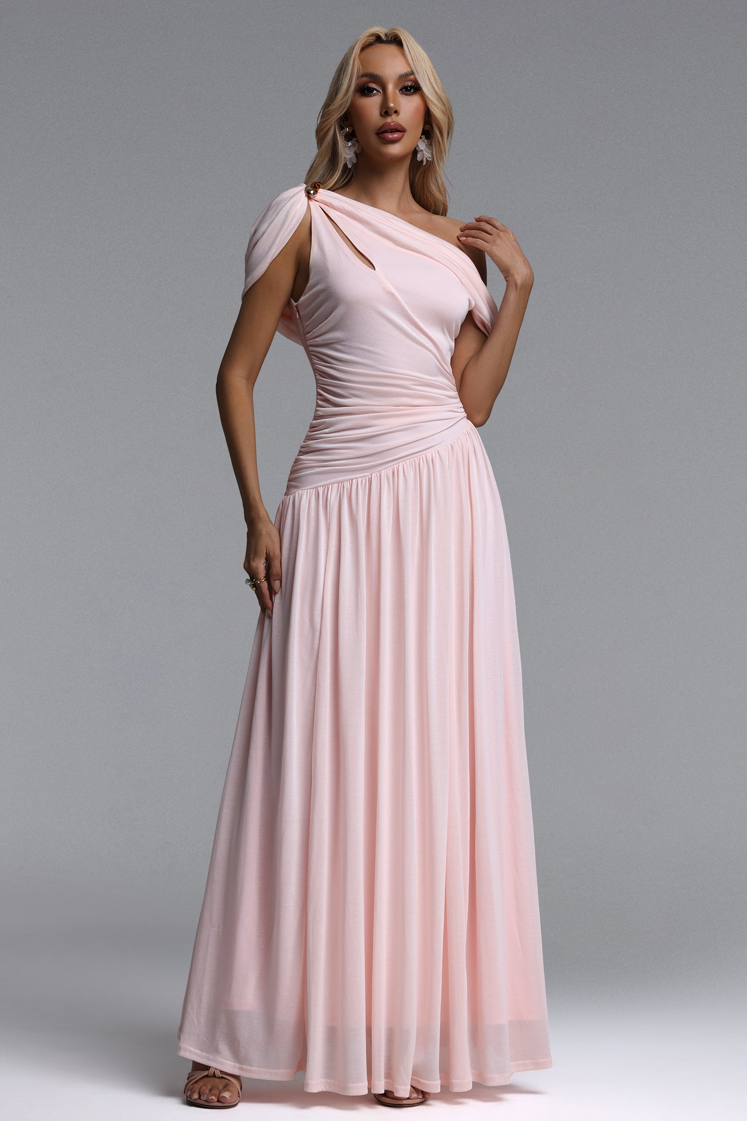 Salina Elegant Contour Sleeveless Asymmetric Cut Out Ruched Pink Knit Maxi Dress