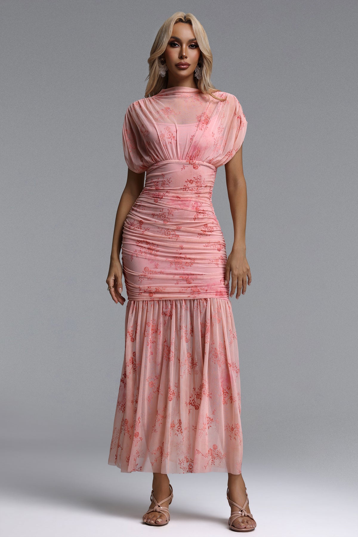 Vocca Romantic Contour Ruched Floral Print Sheer Pink Maxi Dress