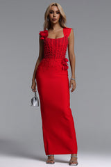 Oria Glamorous Contour Square Neck Pearl Floral Bandage Maxi Dres