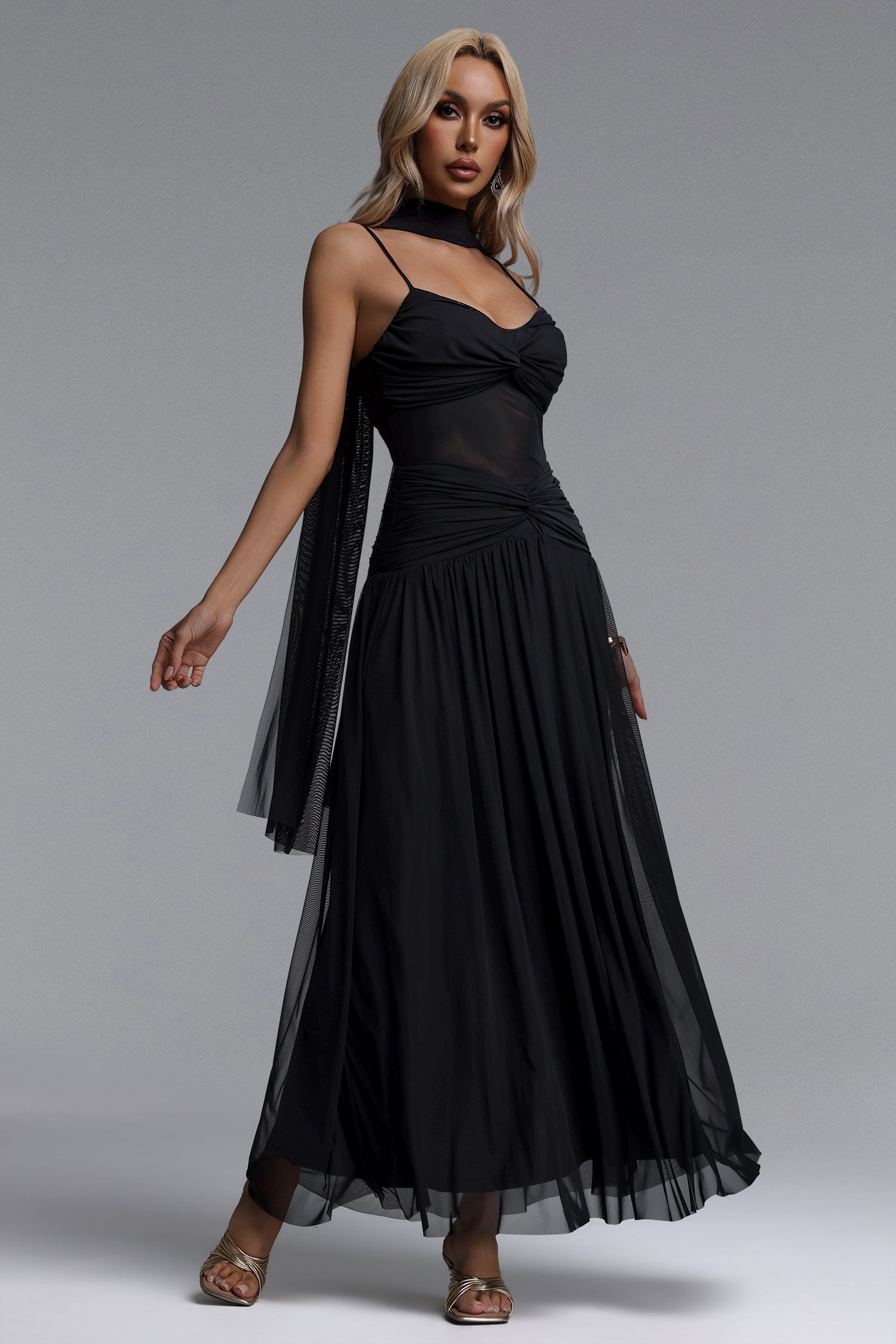 Matalin Classic Contour Ruched Mesh Black Maxi Dress