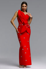 Ohney Chic Contour Strapless Asymmetric Rhinestone Red Maxi Dress