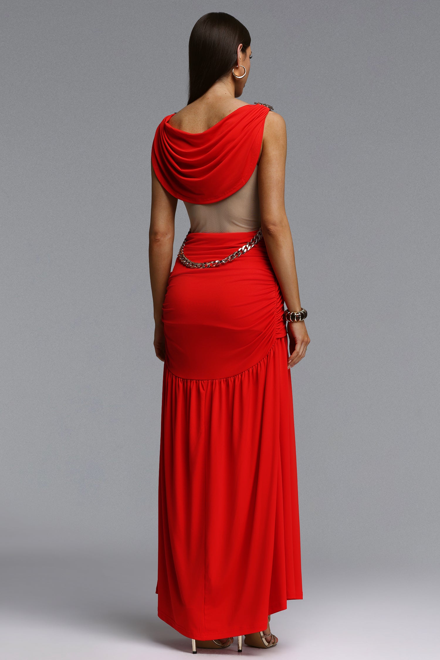 Kaia Chic Contour V Neck Metal Chain Pleated Maxi Dress