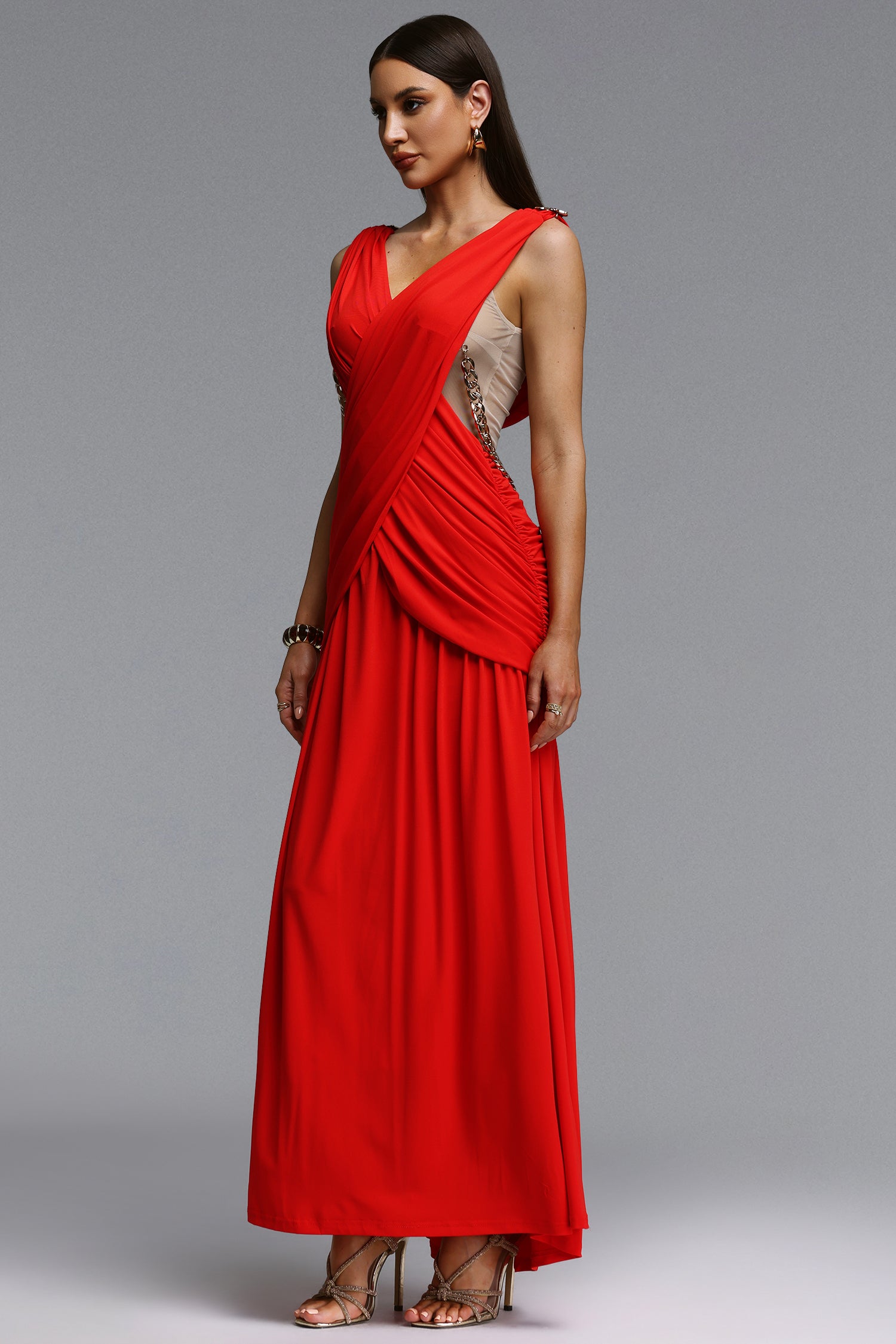 Kaia Chic Contour V Neck Metal Chain Pleated Maxi Dress