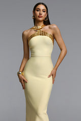 Riza Chic Contour Halter Rhinestone Bandage Yellow Maxi Dress