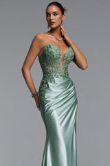 Xidel Elegant Tailored Strapless Pleated Lace Applique Maxi Dress