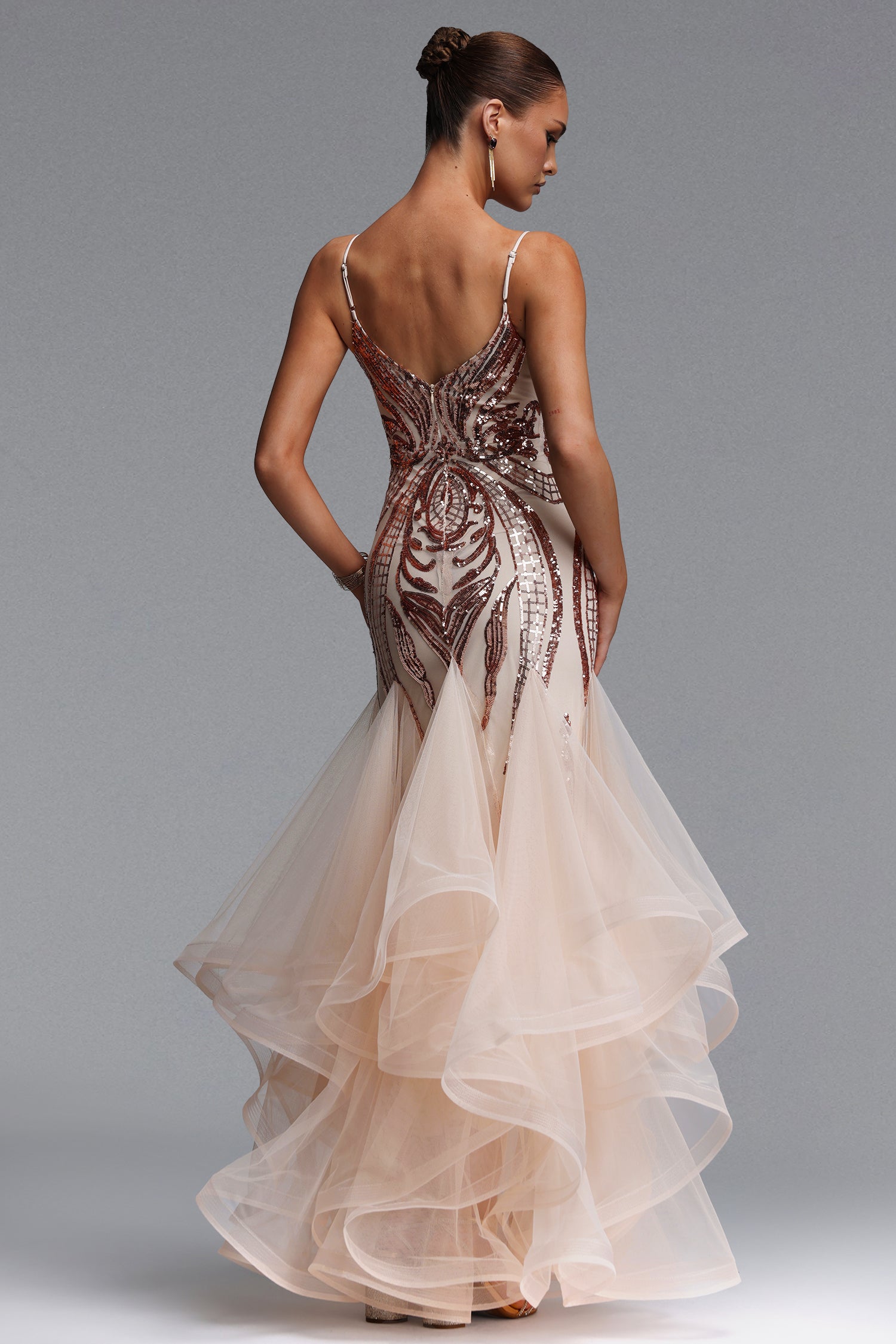 Valri Elegant Contour V Neck Sequin Pattern Maxi Dress